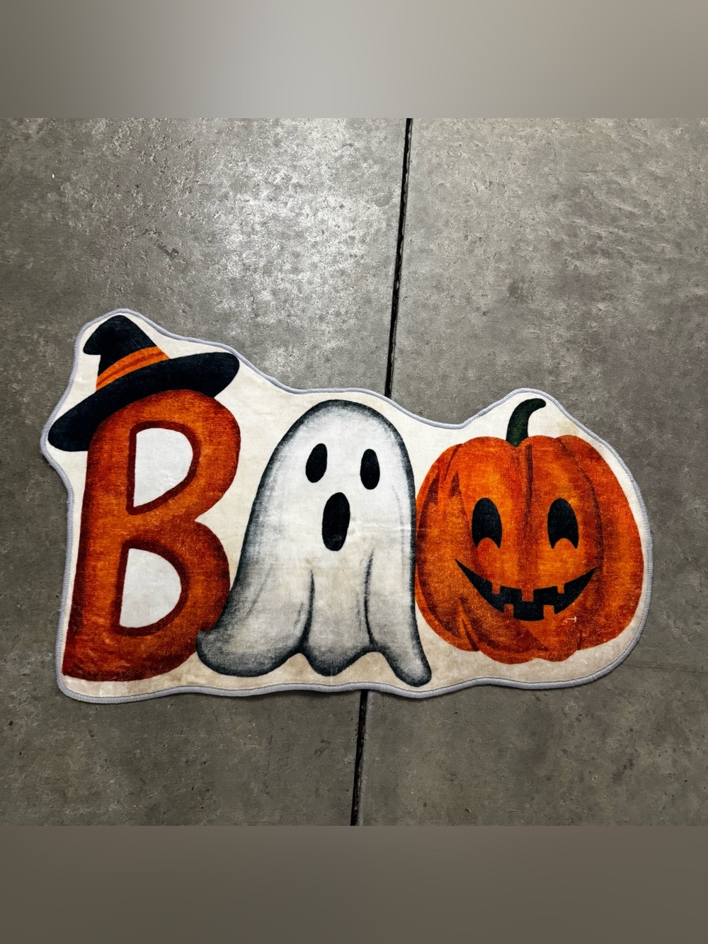 Halloween 'BOO' Door Mat with Ghost & Pumpkin - White and Orange